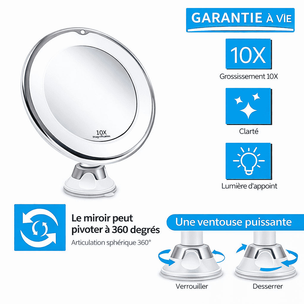 Miroir loupe LED x10 avec ventouse rotative 360 degrés