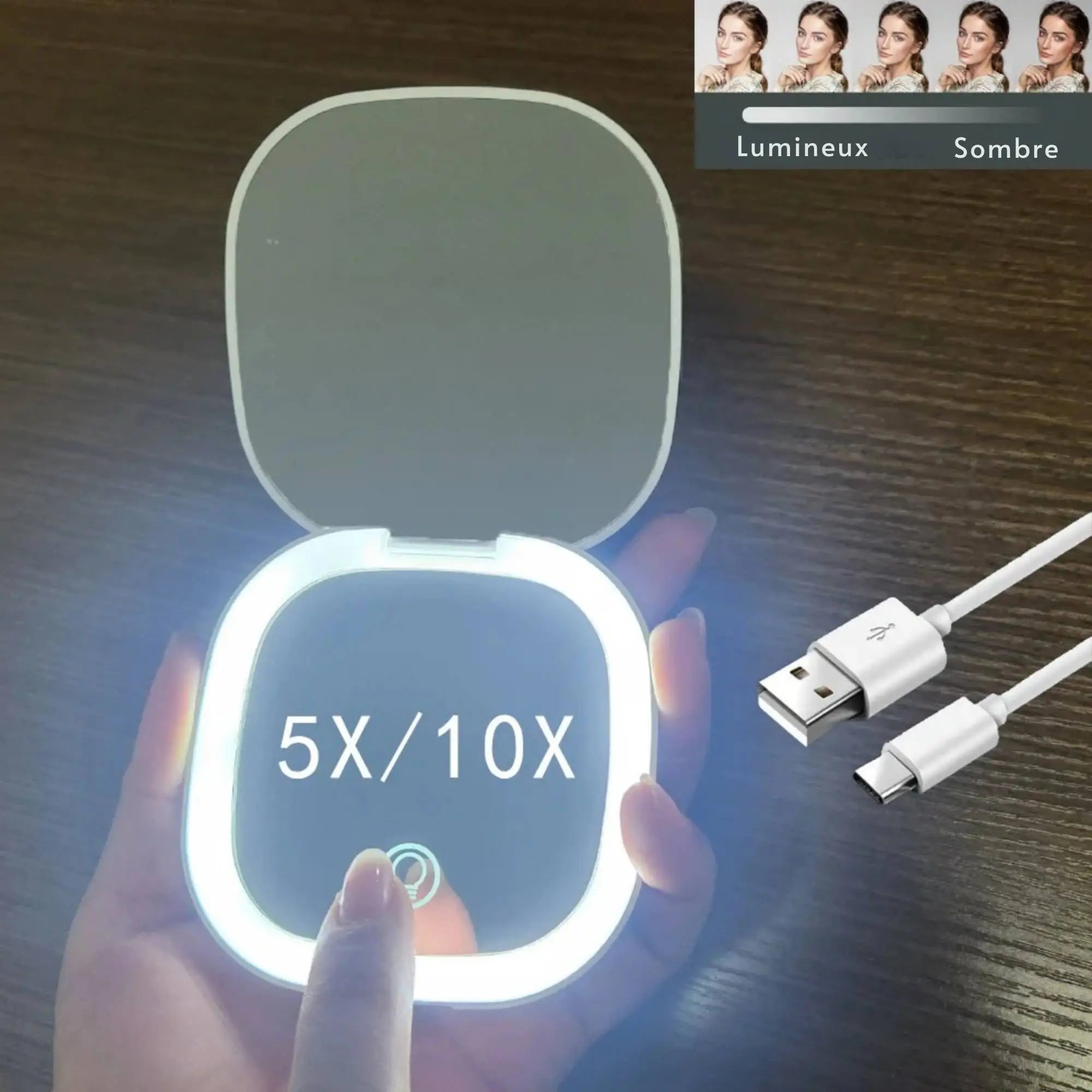 Miroir de Poche LED Grossissant 5X / 10X Rechargeable – Compact et Pliable